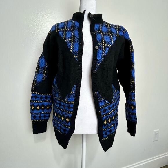 Vintage Sweaters - Vintage Plaid Wool Cardigan Sweater Medium 80s Womens Warm Blue Black Yellow